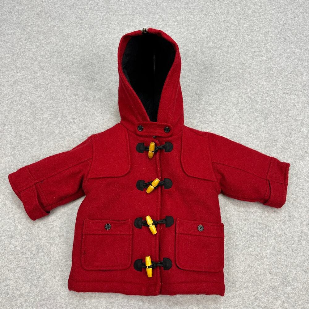 OshKosh Wool Duffle Coat Red Hooded Toggle Infant 6-9mths VTG Style Preppy